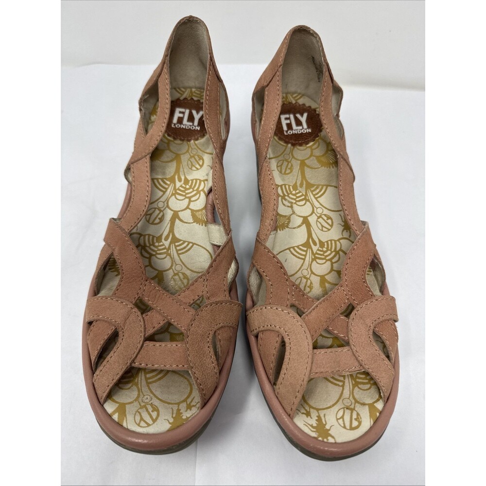 Fly London Yadi Rose Pink Leather Cutout Peep-toe Wedge Sandals 39 8 8.5